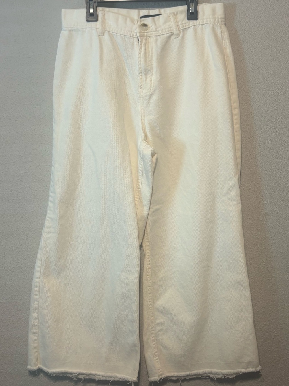 Sincerely Jules Wide Leg Off White Denim Pants with Distressed Hem.